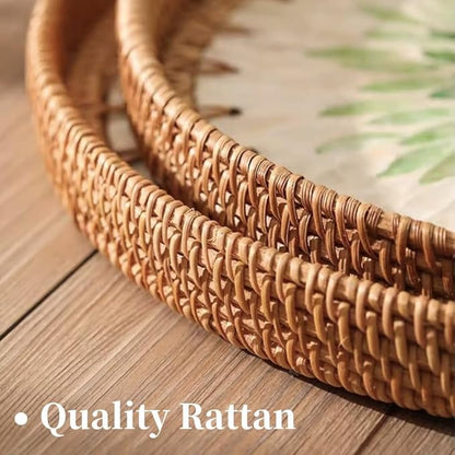 Small Rattan Side Table/Round Coffee Table for Small Spaces, Mini Modern Coffee Table with Shell Design Tray, Outdoor End Tables for Patio, Boho Nightstand for Bedroom or Living Room