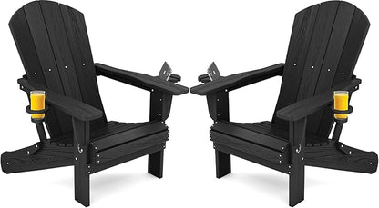 SERWALL HDPE Folding Adirondack Chair with Dual Cup Holder - Composite Adirondack Chair Set of 2- Black