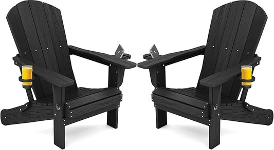 SERWALL HDPE Folding Adirondack Chair with Dual Cup Holder - Composite Adirondack Chair Set of 2- Black
