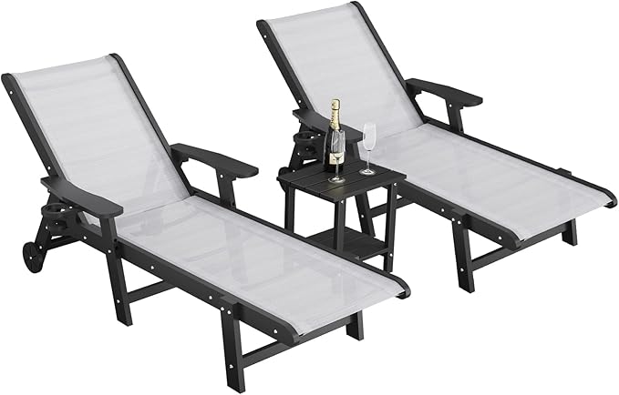 Outdoor Chaise Lounge Chair with Table Set of 3, 5-Position Adjustable Pool Lounge Chair with Wheels & Cup Holder - Photo 1
