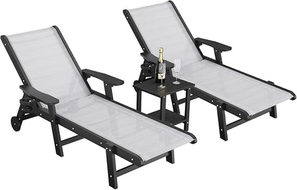 Outdoor Chaise Lounge Chair with Table Set of 3, 5-Position Adjustable Pool Lounge Chair with Wheels & Cup Holder, HDPE Patio Lounge Chair with Textilene Surface for Outside, Poolside & Beach