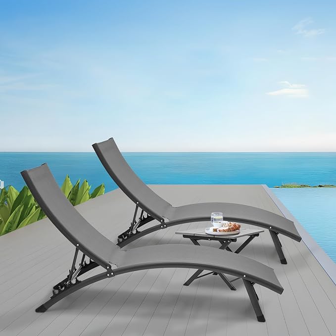 Magshion Outdoor Chaise Lounge Chair Set of 2 with Folding Side Table, Patio Pool Lounger Chairs with 6 Position, Tanning Recliner for Sunbathing, Beach, Deck, Lawn, Yard, Balcony, Poolside, Grey