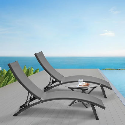 Magshion Outdoor Chaise Lounge Chair Set of 2 with Folding Side Table, Patio Pool Lounger Chairs with 6 Position, Tanning Recliner for Sunbathing, Beach, Deck, Lawn, Yard, Balcony, Poolside, Grey