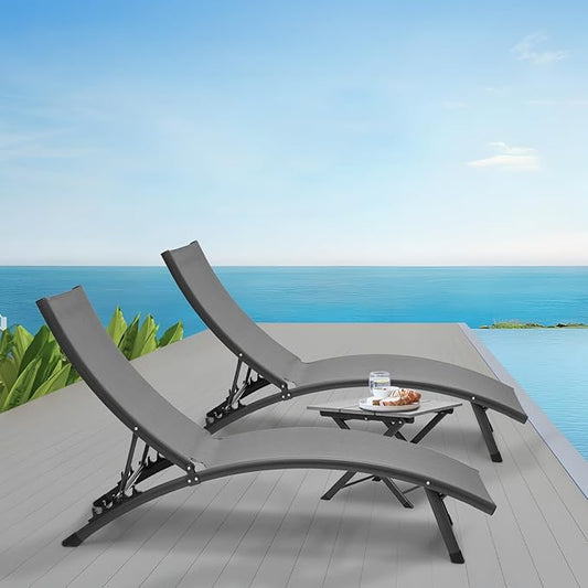 Magshion Outdoor Chaise Lounge Chair Set of 2 with Folding Side Table, Patio Pool Lounger Chairs with 6 Position, Tanning Recliner for Sunbathing, Beach, Deck, Lawn, Yard, Balcony, Poolside, Grey