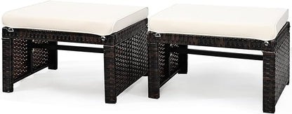 Tangkula 2 Pieces Patio Rattan Ottomans, All Weather Outdoor Footstool Footrest Seat with Soft Cushion, Hidden Zipper, High-Density Sponge, Wicker Ottoman Seat for Patio, Garden, Poolside (White)