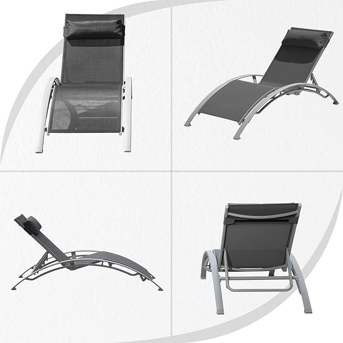 Domi Pool Lounge Chairs Set of 3, Adjustable Aluminum Outdoor Chaise Lounge Chairs with Metal Side Table, All Weather for Deck Lawn Poolside Backyard -Dark Grey Textilene