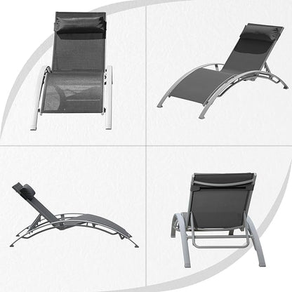 Domi Pool Lounge Chairs Set of 3, Adjustable Aluminum Outdoor Chaise Lounge Chairs with Metal Side Table, All Weather for Deck Lawn Poolside Backyard -Dark Grey Textilene