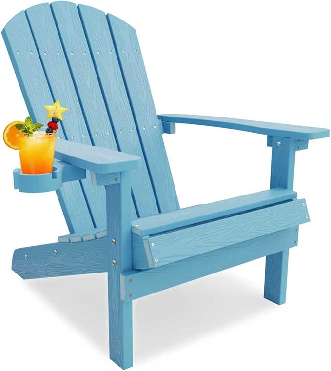 YEFU Adirondack Chair for Outdoor Patio: Zero Gravity Fire Pit Chair Plastic with Cup Holder & Wood Texture - Sturdy All-Weather HIPS for Backyard Poolside Lawn - Easy Assembly(Blue)