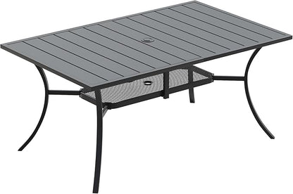 VICLLAX 59" Rectangle Patio Dining Table for 6 Person, Outdoor Metal Slat Table with Umbrella Hole for Porch Backyard Garden Deck, Porch, Black
