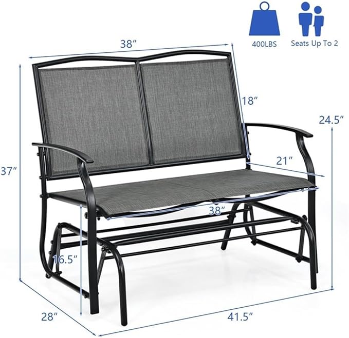 Pemberly Row Patio Glider Rocking Bench, Gray Metal Frame, Ergonomic 2-Person Double Chair with Smooth Motion, Durable Outdoor Seating for Backyard, Patio, or Garden