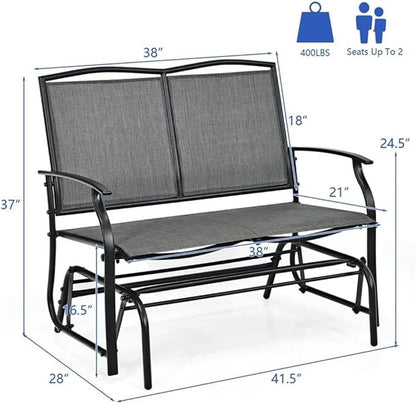 Pemberly Row Patio Glider Rocking Bench, Gray Metal Frame, Ergonomic 2-Person Double Chair with Smooth Motion, Durable Outdoor Seating for Backyard, Patio, or Garden