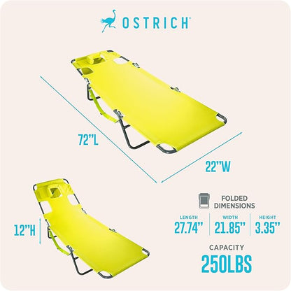 Ostrich the Original Chaise 72 x 22 Inch Lounge Portable Reclining Lounger, Outdoor Patio, Beach, Lawn, Camping, or Pool Tanning Chair, Lime Green