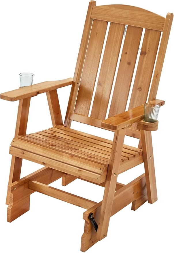 HOMREST Wooden Patio Glider Chair with Cup Holders Heavy Duty 700LBS Outdoor Rocking Chair with Ergonomic Deep - Photo 1