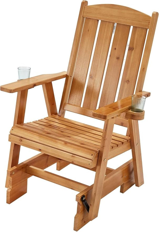 HOMREST Wooden Patio Glider Chair with Cup Holders Heavy Duty 700LBS Outdoor Rocking Chair with Ergonomic Deep Contoured Seat and High Roll Back for Garden Porch Balcony
