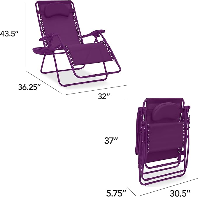 Best Choice Products Oversized Zero Gravity Chair, Folding Outdoor Patio Lounge Recliner w/Cup Holder Accessory Tray, Pillow - Amethyst