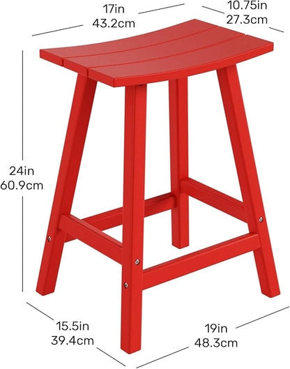 Costaelm All-Weather Bar Stools Set of 3, 24" Height Outdoor Bar Stools, Adirondack Poly Patio Bar Stool for Patio, Deck, Kitchen Counter and Garden, Red
