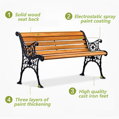 Cast Iron and Wood Garden Bench, Comfortable Outdoor Park Bench with Backrest & Armrests, Durable Natural Slatted Seat for Indoor, Patio, Garden, 49"x22.8"x30.7"