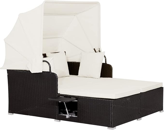 RELAX4LIFE Patio Outdoor Daybed with Canopy, Wicker Sunbed w/Cushions, 4 Pillows & 2 Retractable Side Trays, 2-Person Lounge Bed Conversation for Poolside Porch Garden, Rattan Outdoor Bed (Off White)