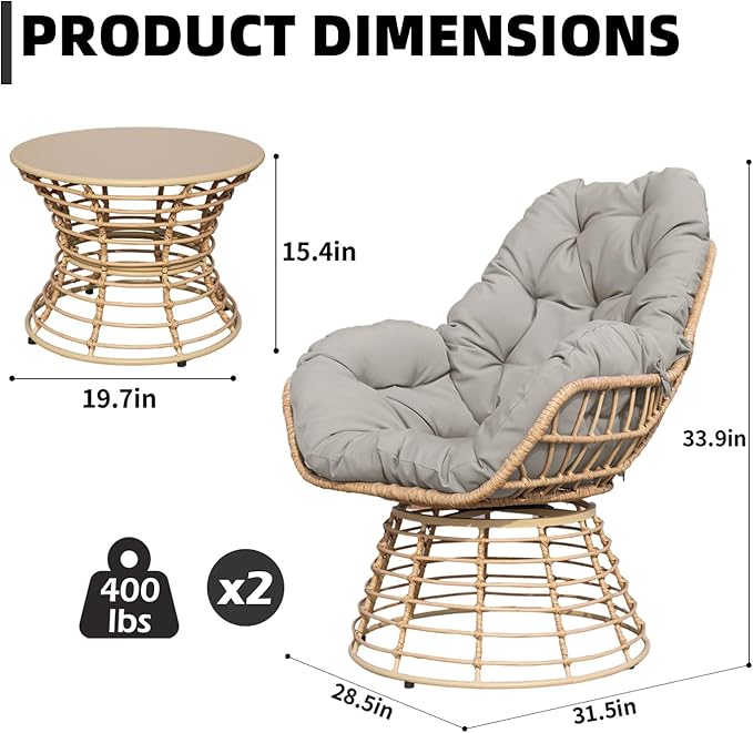 Swivel Chairs for Outside Patio Set of 3, 360° Swivel Pe Wicker Luxury Lounger Chair with 20" Side Table - Photo 3