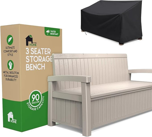 EconoHome 3 Seat Outdoor Storage Bench with Rain Cover - 90 Gallon Capacity - Weatherproof Resin Bench for Patio, Porch, Garden, Yard, Pool Area