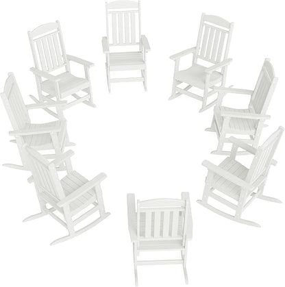 FOOWIN Outdoor Rocking Chair Set of 8, High Back Patio Rocking Chair, HDPE All Weather Resistant Porch Rocker for Adult, Oversized Rocking Chairs for Garden, Lawn, Indoor & Outdoor Use, White