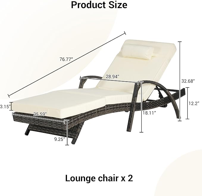 KEIKI Wicker Outdoor Chaise Lounge Chairs Set of 2 for Patio & Pool Side with 5-Level Adjustable Backrest and Cushions - Photo 2