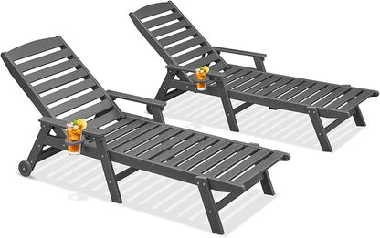 HDPE Patio Lounge Chair Set of 2, 78.4'' Outdoor Poly Lounge Chairs, 5-Position Adjustable Outdoor Lounger with Wheels & Cup Holder, HDPE Patio Chaise Lounges for Backyard, Deck, Smoke Gray