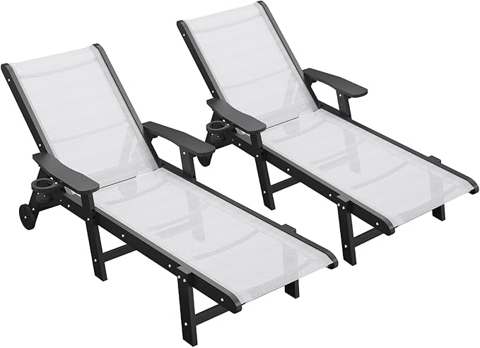 Outdoor Chaise Lounge Chair Set of 2, 5-Position Adjustable Pool Lounge Chair with Wheels & Cup Holder - Photo 1