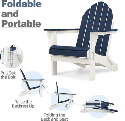 Aoodor HDPE Outdoor All-Weather Folding Adirondack Chair for Patio, Garden, Backyard, Lawn, Fire Pit, Navy Blue