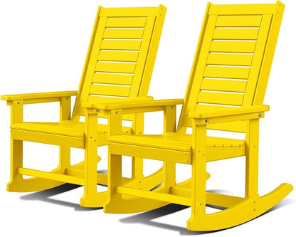 GREENVINES Outdoor Rocking Chairs | Set of 2 | Porch Rocker | HDPE Plastic | Yellow | Oversized Rockers | High Back | Big & Tall | Ladder Back | for Patio Outside Backyard Balcony Garden