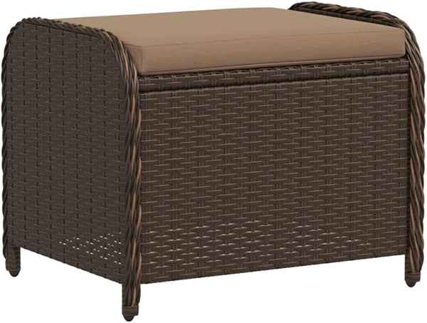 vidaXL Patio Stool with Cushion - Brown Poly Rattan Outdoor Ottoman Seating - Steel Frame - 22.8" x 18.1" x 18.1" - Photo 1