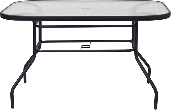 Flash Furniture Tory Rectangle Patio Table with Umbrella Hole, Commercial All-Weather Table with Heat Resistant Tempered Glass, Steel Tube Frame, 27.5x47.25, Black