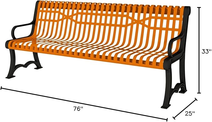 COATEDOUTDOORFURNITURE Coated Outdoor Furniture Heavy-Duty Outdoor Bench Thermoplastic Coated, Slatted Steel, Commercial-Grade Garden Bench, Made in America (Portable with Back, 4 Ft, Orange)