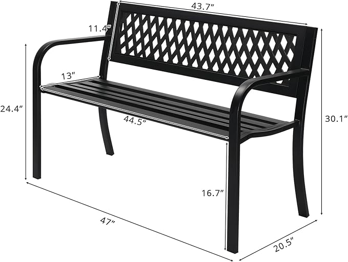 47" Outdoor Bench,Metal Outside Benches for Garden,Patio,Front Porch, Park, Yard, with Armrest and PVC Backrest,Weather Resistant,Iron,Support up to 550lbs,Black