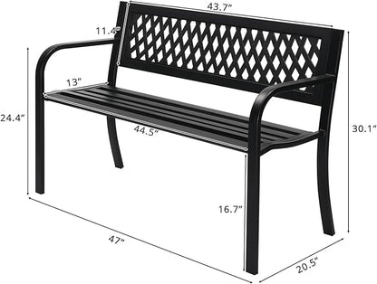 47in Outdoor Garden Park Bench,Outdoor Metal Porch Benches,Weatherproof Patio Park Bench,Outside Leisure Bench,with Mesh Back and Armrests,for Lawn, Deck, Path, Backyard, Entryway (Black)