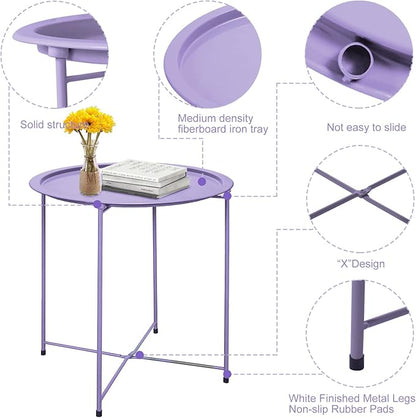Garden 4 you End Table Metal Side Table Purple Round Folding Tray Cyan Sofa Small Accent Fold-able Table, Round End Table Tray, Next to Sofa Table, Snack Table for Living Room and Bed Room
