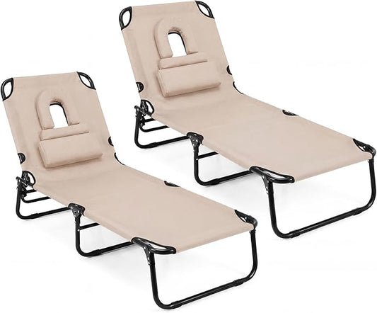 GYMAX Tanning Chair, Folding Lounge Chairs with Face Hole & Cover, Removable Pillow Carry Handle, Portable Compact Outdoor Layout Recliner for Beach, Poolside, Lawn, Patio, Camping (Sand,2)