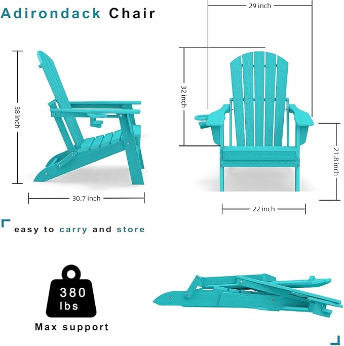 Folding Adirondack Chair Set of 2，Wooden Textured Fire Pit Chair with Cup Holder, Heavy All-Weather HDPE Plastic Outdoor Patio Chairs for Poolside Backyard Patio Outdoor Garden