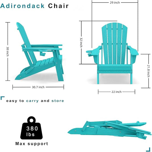 Folding Adirondack Chair Set of 4，Wooden Textured Fire Pit Chair with Cup Holder, Heavy All-Weather HDPE Plastic Outdoor Patio Chairs for Poolside Backyard Patio Outdoor Garden