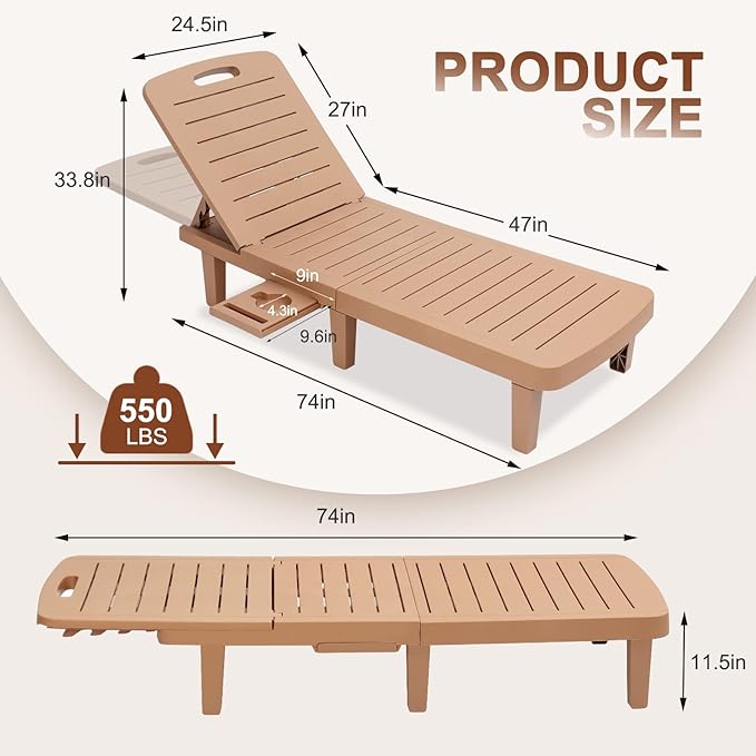 Outdoor Chaise Lounge Set of 4, Waterproof Resin Lounge Chairs for Outside w/Adjustable 5 Positions All Weather Recliner Chair for Patio, Poolside, Beach, Yard, Brown