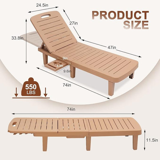 Outdoor Chaise Lounge Set of 4, Waterproof Resin Lounge Chairs for Outside w/Adjustable 5 Positions All Weather Recliner Chair for Patio, Poolside, Beach, Yard, Brown