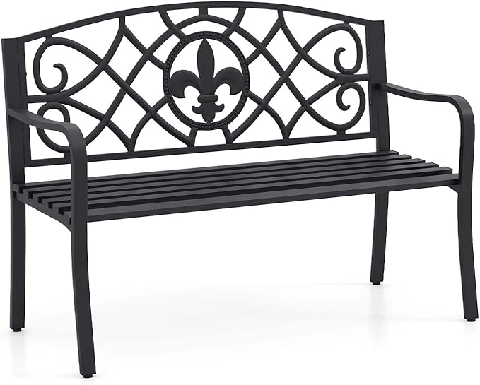 Giantex 50.5” Outdoor Bench with Metal Frame, Floral Design Cast Iron Backrest, Slatted Seat, Adjustable Foot Pads, Load 660Lbs, Garden Bench for Outside Patio Backyard Porch Park, Black