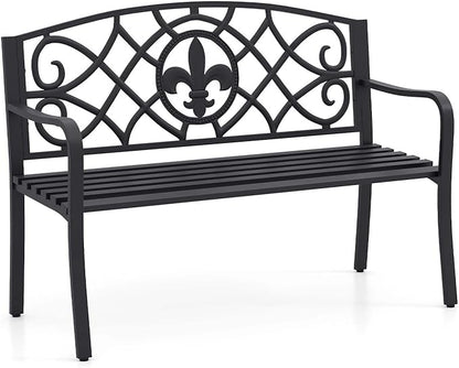 Giantex 50.5” Outdoor Bench with Metal Frame, Floral Design Cast Iron Backrest, Slatted Seat, Adjustable Foot Pads, Load 660Lbs, Garden Bench for Outside Patio Backyard Porch Park, Black
