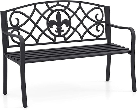 Giantex 50.5” Outdoor Bench with Metal Frame, Floral Design Cast Iron Backrest, Slatted Seat, Adjustable Foot Pads, Load 660Lbs, Garden Bench for Outside Patio Backyard Porch Park, Black