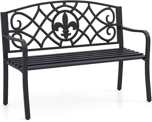 Giantex 50.5” Outdoor Bench with Metal Frame, Floral Design Cast Iron Backrest, Slatted Seat, Adjustable Foot Pads, Load 660Lbs, Garden Bench for Outside Patio Backyard Porch Park, Black