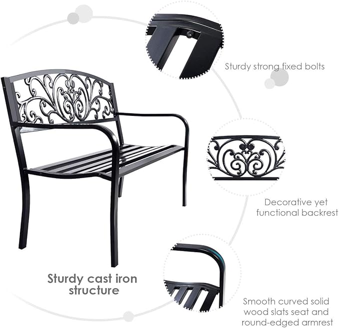 Giantex 50" Patio Garden Bench, Loveseats Park Yard Furniture, Black Steel Cast Iron Frame Chair - Photo 4