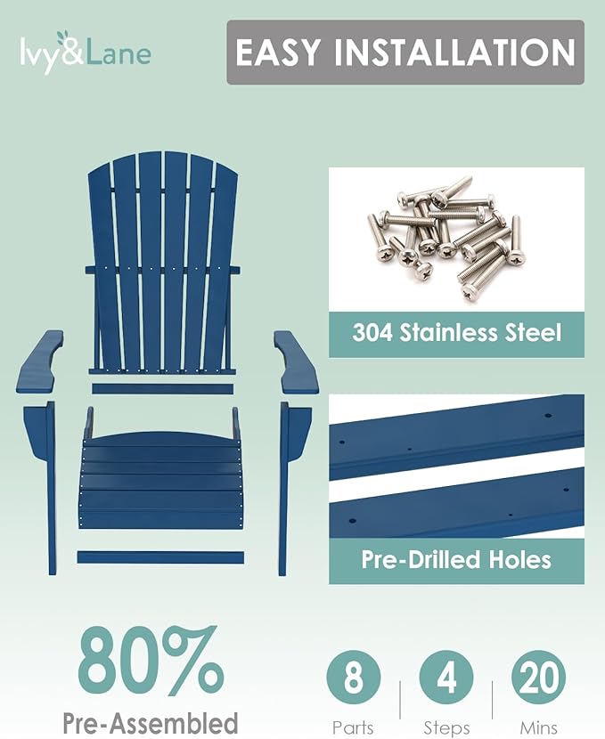 IVY&LANE Adirondack Chairs Set of 2 | HDPE Plastic | Outdoor Fire Pit Chairs | Oversized | All-Weather | Blue | for Outside Deck Backyard Patio Poolside Porch Lawn