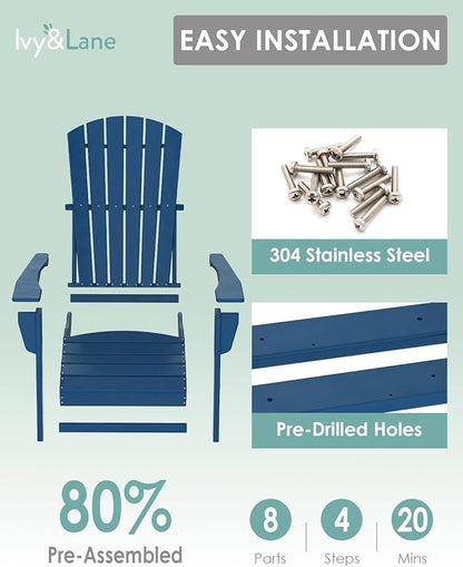IVY&LANE Adirondack Chairs Set of 2 | HDPE Plastic | Outdoor Fire Pit Chairs | Oversized | All-Weather | Blue | for Outside Deck Backyard Patio Poolside Porch Lawn
