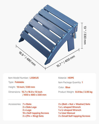 VEVOR Adirondack Ottoman, 15.7L x 18.9W x 13H Inch HDPE Plastic Folding Adirondack Ottoman, Weather-Resistant Foot Rest for Adirondack Chair, Widely Used for Outside Porch Pool Lawn Backyard, Blue