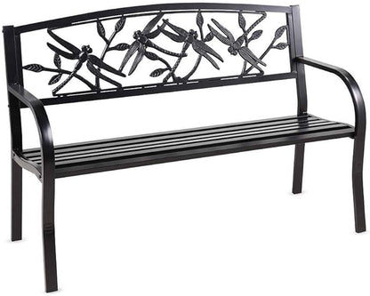 Plow & Hearth Evergreen Garden Weatherproof Dragonfly Outdoor Bench | Holds Up to 300 lbs. | Furniture for Lawn Garden Patio Porch Park Deck | Black